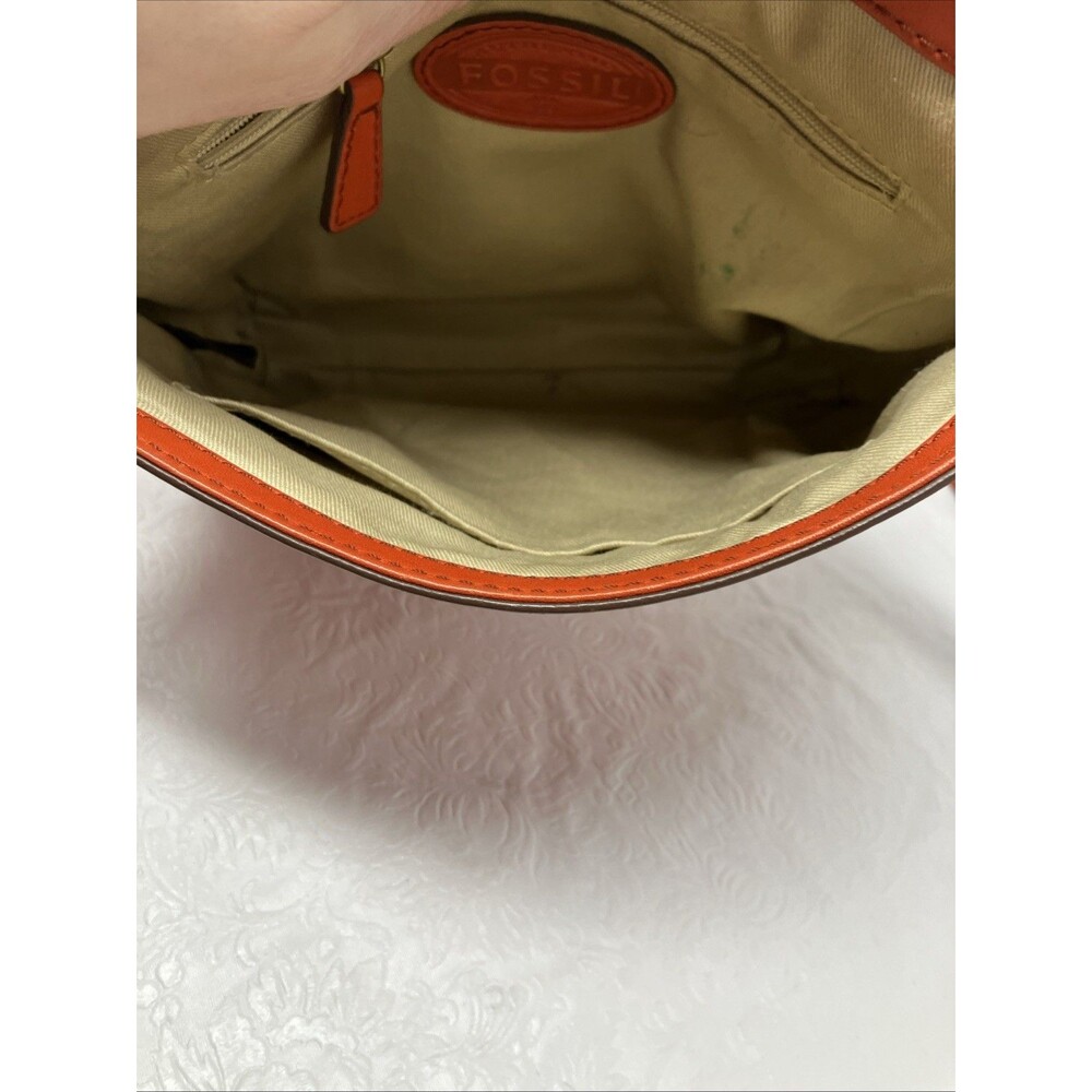 Fossil Orange Leather Turnlock Flap Satchel Crossbody Shoulder Bag Vintage - Picture 12 of 16